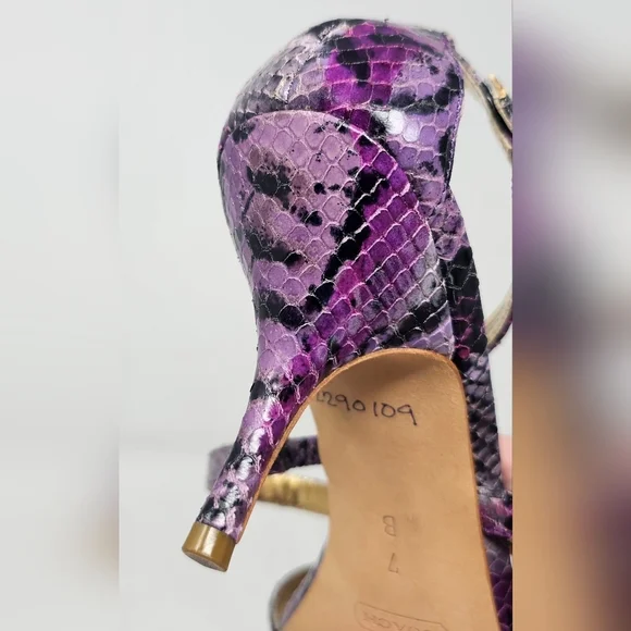 Coach Hayden Leather Violet Pink Blk Python Print Open Toe T-Strap Heels Size 7B - Picture 14 of 16